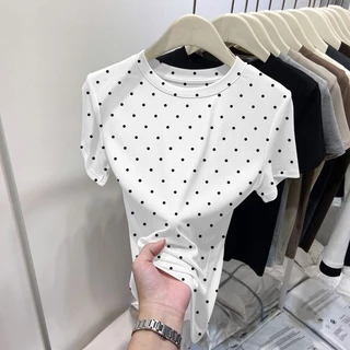 UM M-3XL ไหล่ผู้หญิง ลายจุด สไตล์เกาหลี ดีไซน์สุดคลาสสิก แขนสั้นเสื้อยืด สายรัด ฤดูร้อน ทุกโอกาส เกาหลี หญิง สาว ฮอต