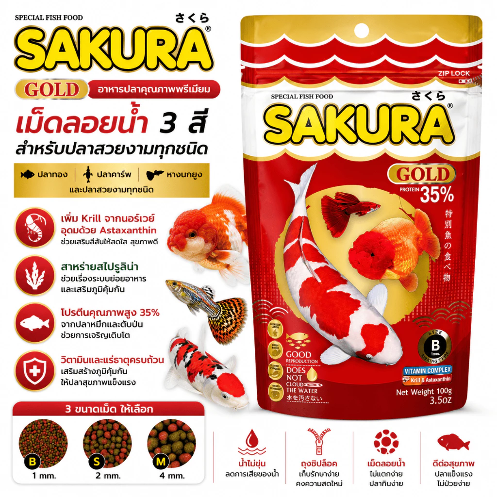 SAKURA Gold อาหารปลาทอง ปลาคาร์พ หางนกยูง เม็ดลอยน้ำ 3 สี โปรตีน 35% เสริมสี สุขภาพดี