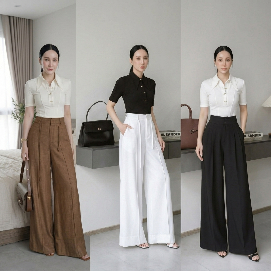 CT444+H464 (เฉพาะกางเกง) กางเกงผู้หญิงเอวสูง ขากว้าง ลุคสาวออฟฟิศดูแพง