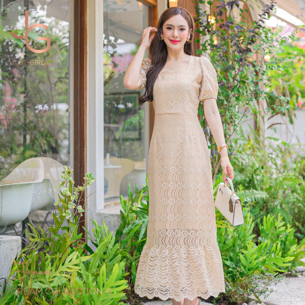 💚Dress Jenna💚เดรสลูกไม้ยาว ดีไซน์แขนตุ๊กตา เดรสออกงาน งานบุญ งานบวช แฟชั่นผู้หญิง สวย ถูก พร้อมส่ง มีไซส์ S M L XL 2XL