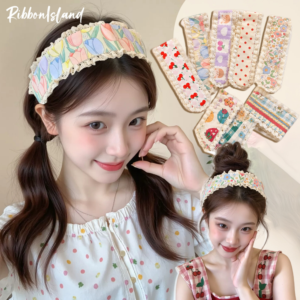 ที่คาดผม ตีนตุ๊กแก สไตล์เกาหลี ทันสมัย ​​ตกแต่งด้วยลูกไม้ ลายดอกไม้ ลายจุด ใช้งานง่าย COD