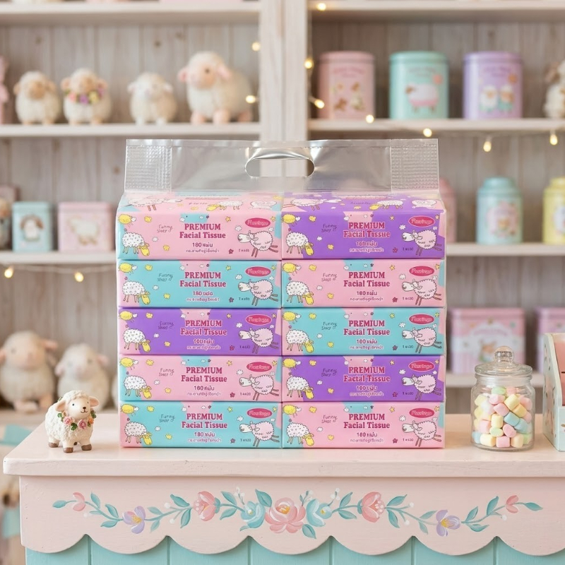 ทิชชู่แบบยาวลาย(คละลาย)หนา 3 ชั้น ยกแพ๊ค 10 ห่อ/แพ๊ค180แผ่นคละลาย