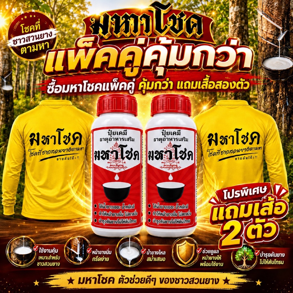 แพ็คคู่ คุ้มกว่า มหาโชค 500 ซีซี / 1000 ซีซี  ตัวช่วยบำรุงและฟื้นฟูหน้ายาง หน้ายางนิ่ม  กรีดง่าย น้ำยางไหลสม่ำเสมอ