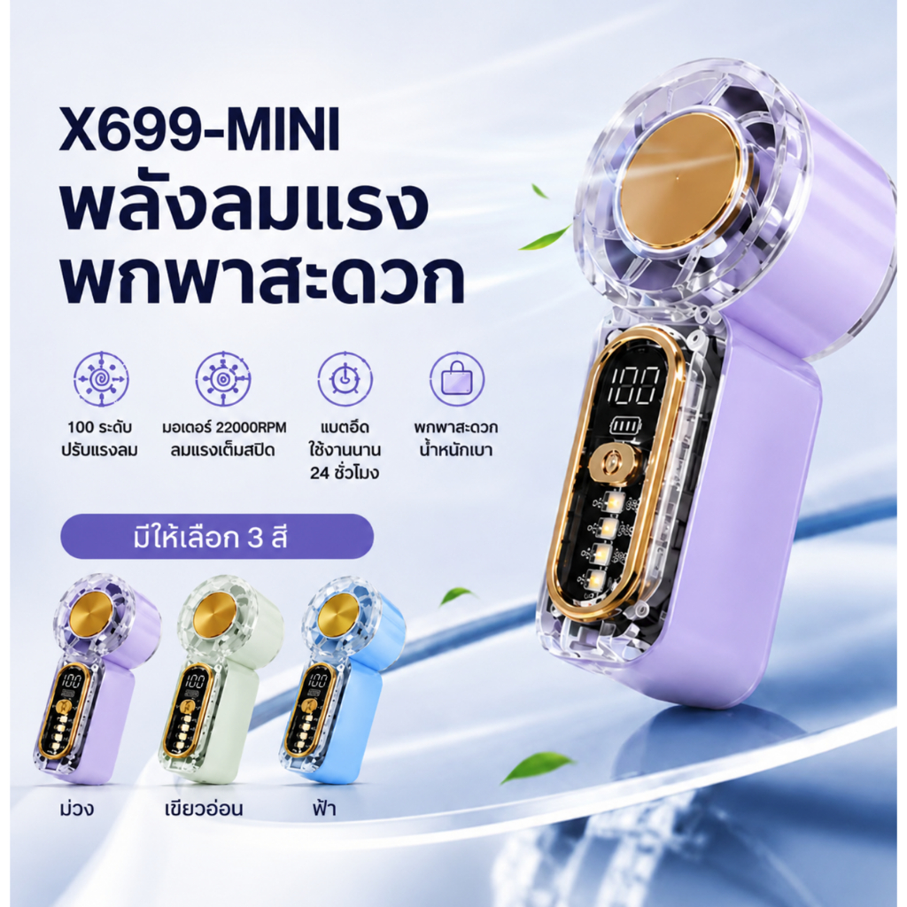 X699-MINI พัดลมพกพา ลมแรงเทอร์โบ 22000RPM ปรับ 100 ระดับ หน้าจอดิจิตอล แบตอึด 24 ชม. พับได้ พกพาสะดวก 3 สี Mecha LED