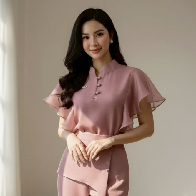 Arinda NaraTop #2809 :เสื้อคอตั้งแต่งกระดุมคอ3เม็ด