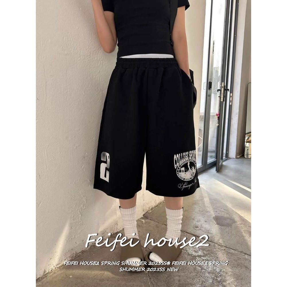 [Feifei-Printed cropped trousers]กางเกง7ส่วนสปอร์ตหลวมเอวยางยืดลายตัวเลขสไตล์อเมริกันแคชชวล