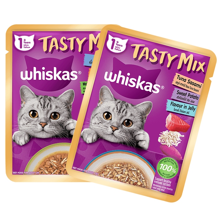 WHISKAS® Tasty Mix อาหารแมวเปียก อายุตั้งแต่ 1 ปีขึ้นไป 1 ซอง