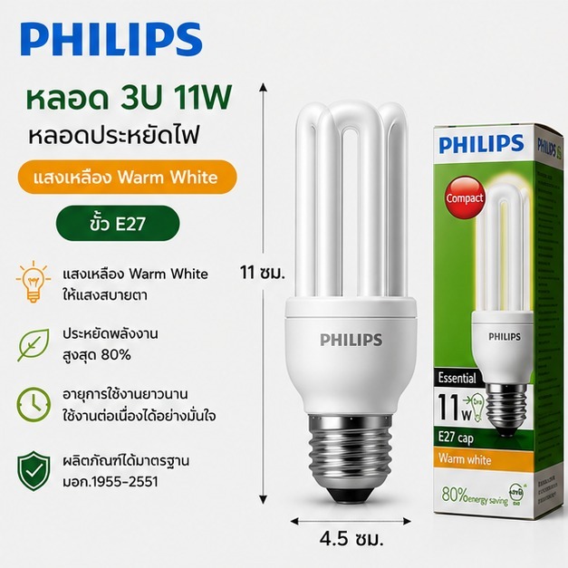 หลอดไฟ Philips Essential 3U 11W 23W ขั้ว E27 แสงเหลือง Warm White ประหยัดไฟ 80%