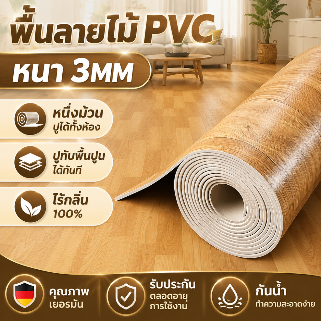 -5A+ระดับกันน้ำ- 3MM กระเบื้องยาง 0ฟอร์มาลดีไฮด์ วัสดุทนไฟ การติดตั้งง่าย กระเบื้องยางปูพื้น