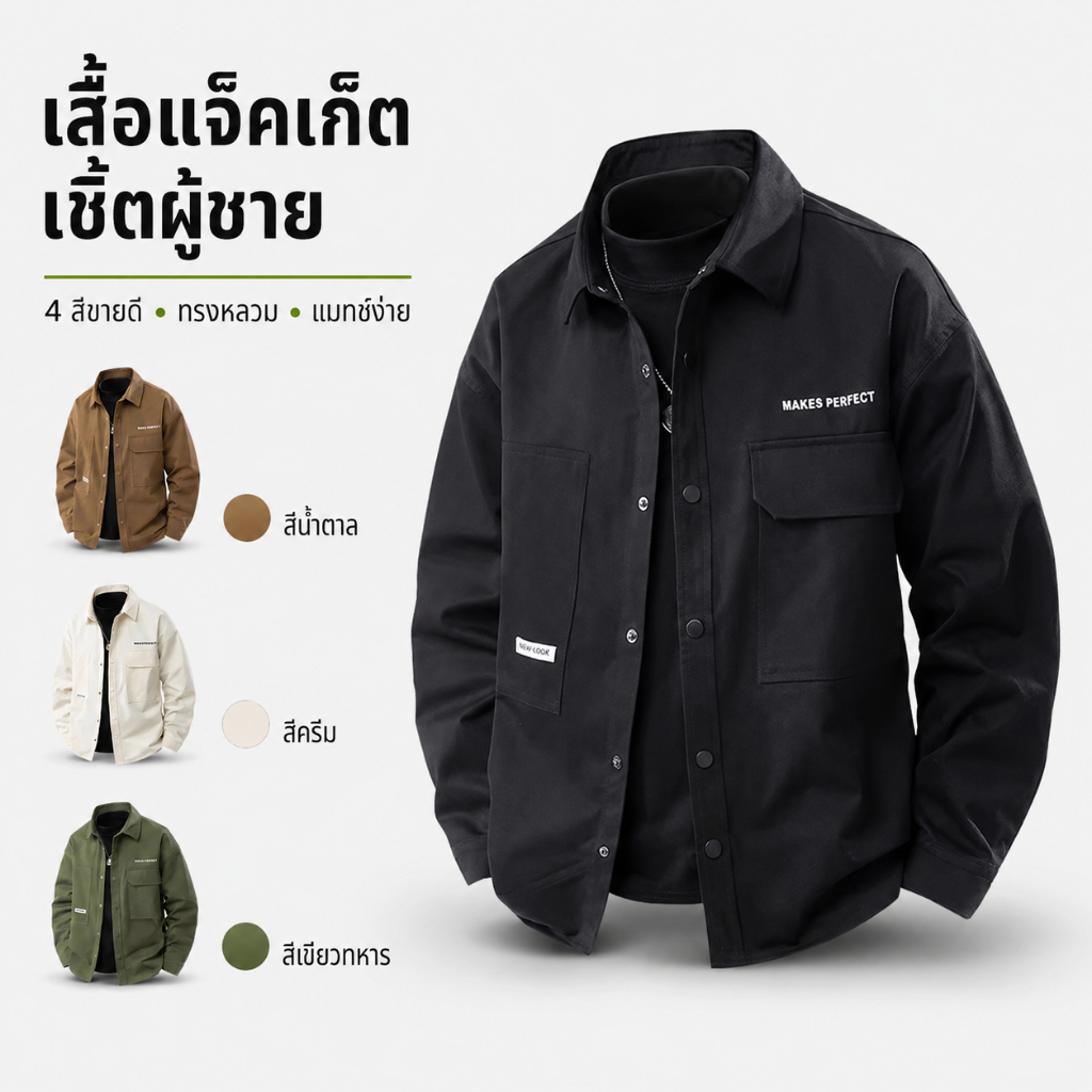 โอเวอร์เชิ้ตกระดุมหน้า กระเป๋าคู่ แขนยาว ผ้าทรงอยู่ตัว มี 4 สี ใส่คลุมทำงาน เดินทาง และลุคประจำวัน