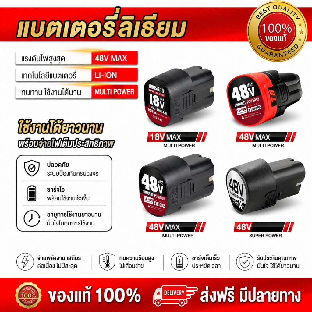 MASARU แบตเตอรี่ Lithium-ion แบตเสริม แบตลิเทียมไอออนแท้ 18V/48V สำหรับ สว่านไร้สาย ไขควง เครื่องตัดหญ้า เครื่องเจียร