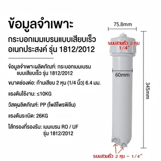 กระบอกRO กระบอกไส้กรองRO กระบอกเมมเบรน พร้อมข้อต่อสวมเร็ว Membrane Housing 1812 2012 3013 สำหรับไส้กรอง RO 50-400 GPD