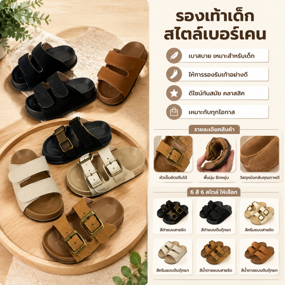 รองเท้าแตะเด็กสายปรับได้ สไตล์บีเคน รองเท้าแตะเด็กผู้ชาย  พื้นกันลื่นยืดเกาะดี สำหรับเด็ก1-8ปี