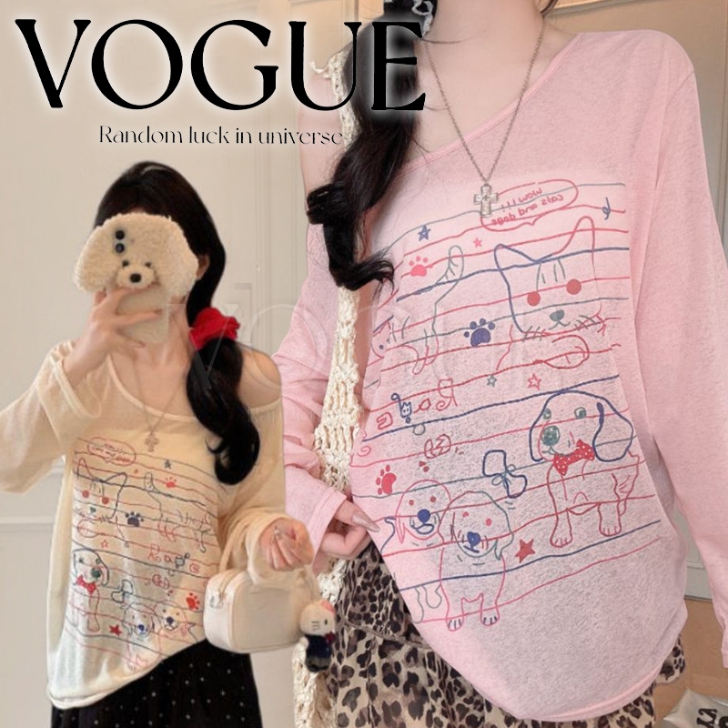Vogue พร้อมส่ง เสื้อยืดซีทรูคอกว้างแขนยาว ใส่ได้หลายแบบ ลายน่ารักๆ ทรงโอเวอร์ไซส์ (FY8225)