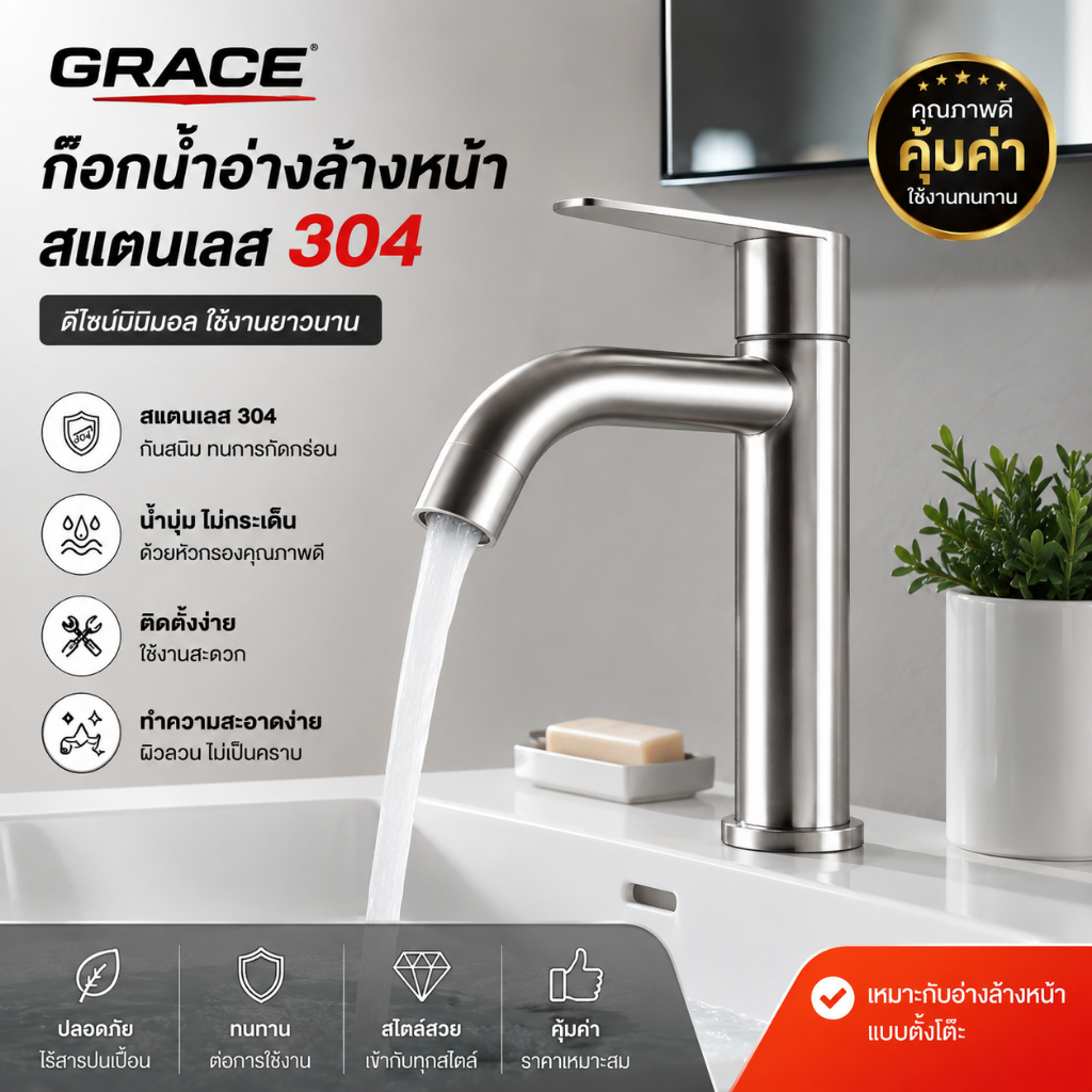 Grace พร้อมส่ง ก๊อกน้ำ สแตนเลสแท้304 วาล์วทองเหลือง เฉพาะอ่างล้างหน้าและอ่างล้างมือ