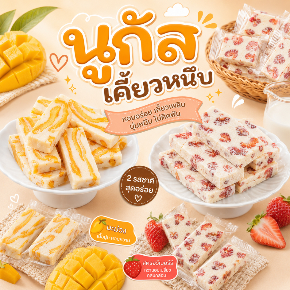 ขนมนูกัต นูกัต สอดใส้ผลไม้ หอมหวานละมุน หนุบหนับเคี้ยวเพลินสุดฟิน อร่อยไม่มีเบื่อ