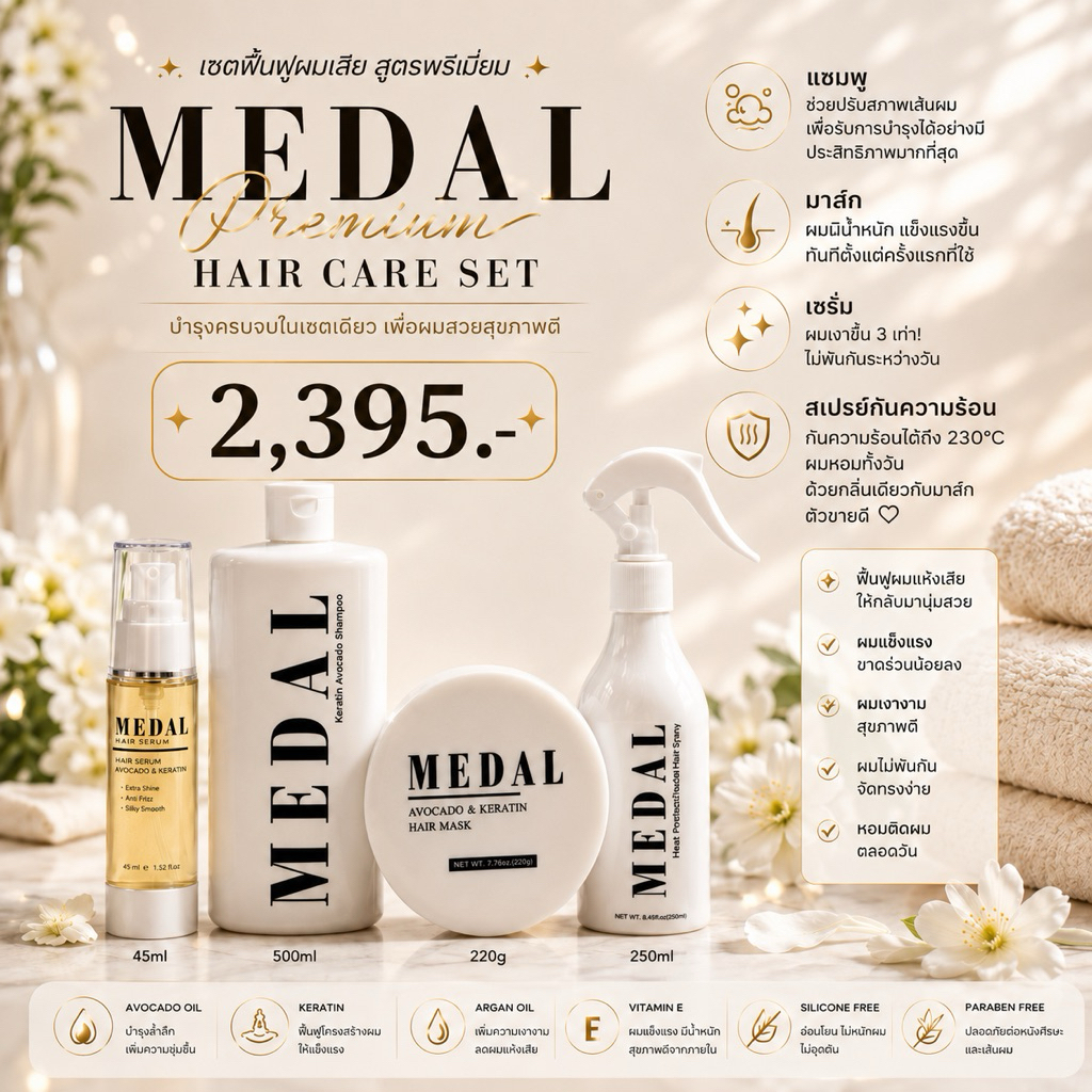 MEDAL มาส์ก 220 กรัม+เซรั่ม+แชมพู+สเปรย์กันความร้อน [ของแท้100%]