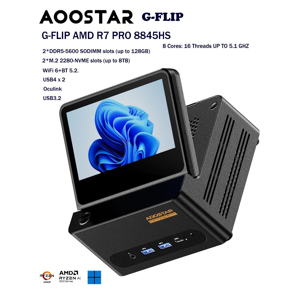 mini PC Aoostar G-FLIP  AMD R7 PRO 8845HS / H255  with 5" HD Screen  Compact Factor Home Server, NAS