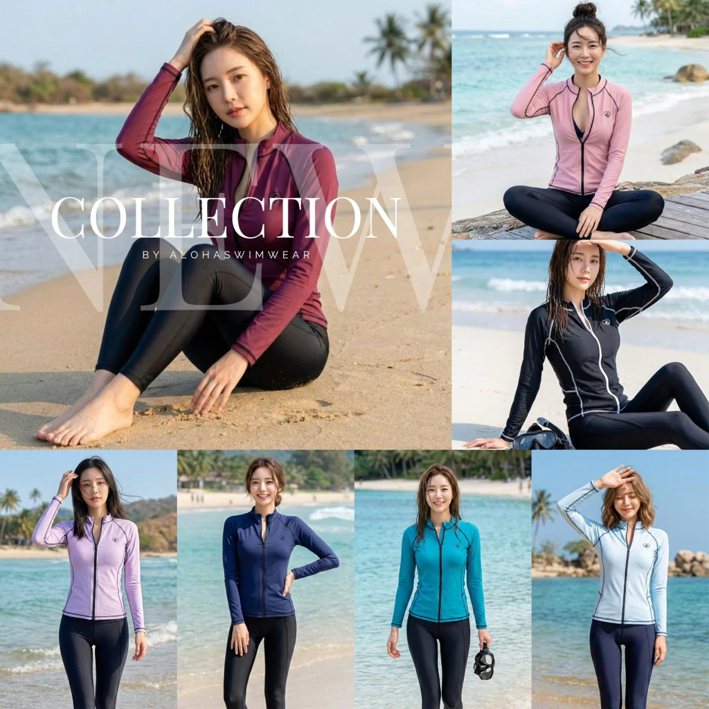 New in 2026! เสื้อแขนยาวซิปหน้าสีพื้นพร้อมกางเกงขายาวสำหรับว่ายน้ำ (zippy rashguard and surf leggings)