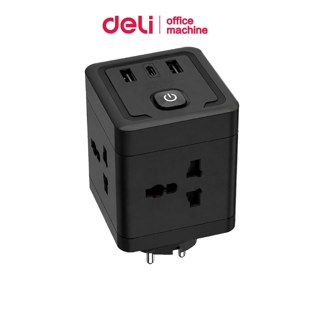 Deli ปลั๊กสามตา ปลั๊กแปลง อแดป์เตอร์ รองรับ USB Type-C 3in1  มี4ช่อง พกพาสะดวก Socket USB Adapter