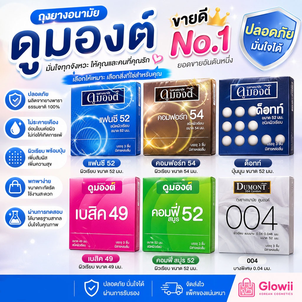(แบบ1ซอง) Dumont ถุงยางอนามัย ถุงยางดูมองต์ ขนาด 49,52,54 มม.