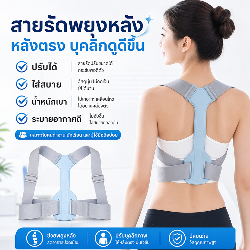 สายรัดพยุงหลัง ปรับบุคลิก หลังตรง ไหล่ไม่งุ้ม อุปกรณ์ช่วยพยุงหลัง ปรับได้ ใส่สบาย