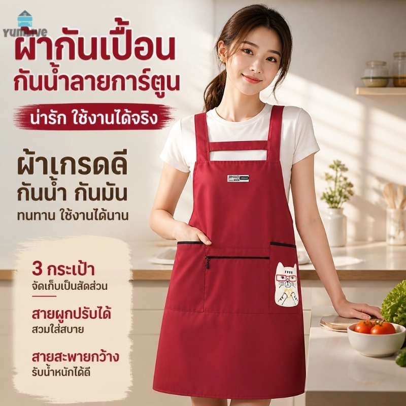 ผ้ากันเปื้อนลายแมวน่ารัก กันน้ำและกันน้ำมัน ไม่ดูดซับน้ำ มีกระเป๋าซิป 3 ช่อง และสายสะพายหลังปรับได้