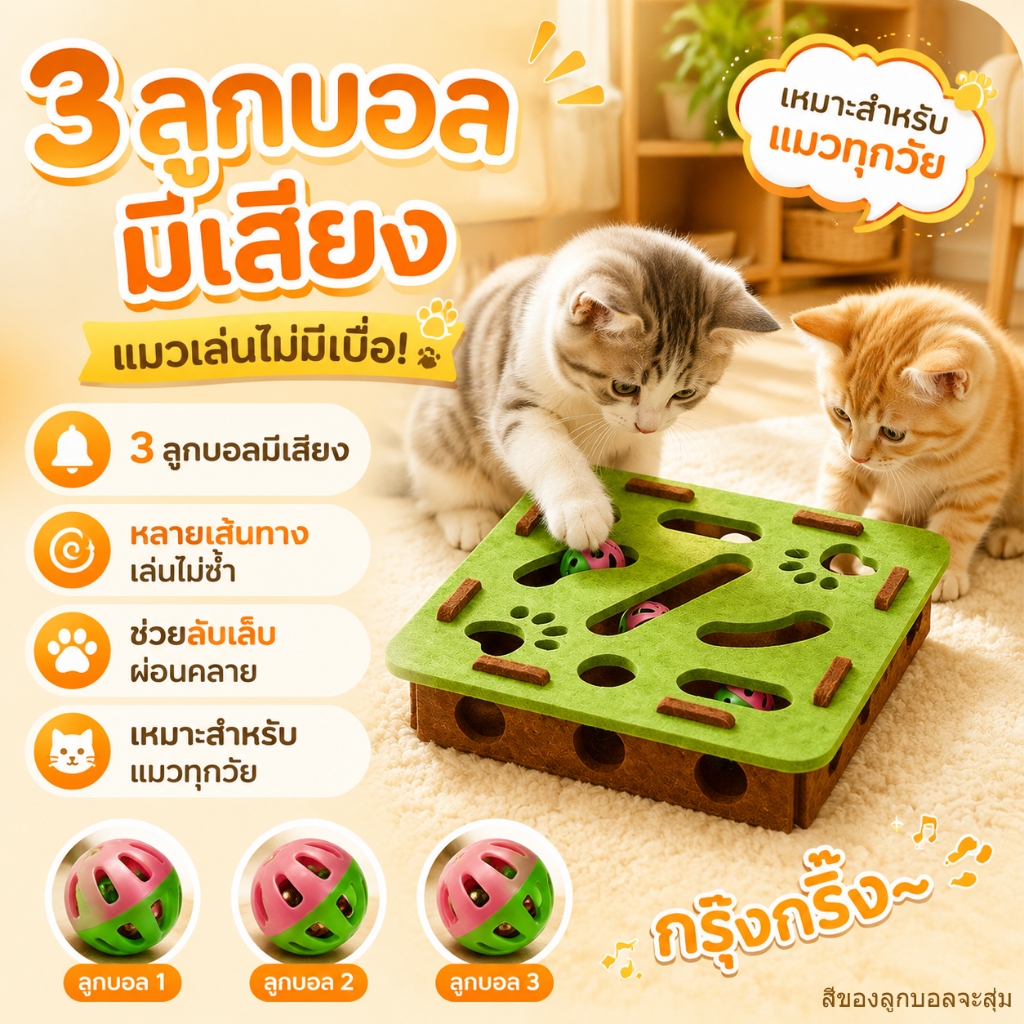 ของเล่นแมว กล่องลูกบอลระฆัง 3 ลูก บรรเทาความเบื่อ  อินเทอร์แอคทีฟ ขนาด 30x30 ซม. สำหรับแมวทุกวัย