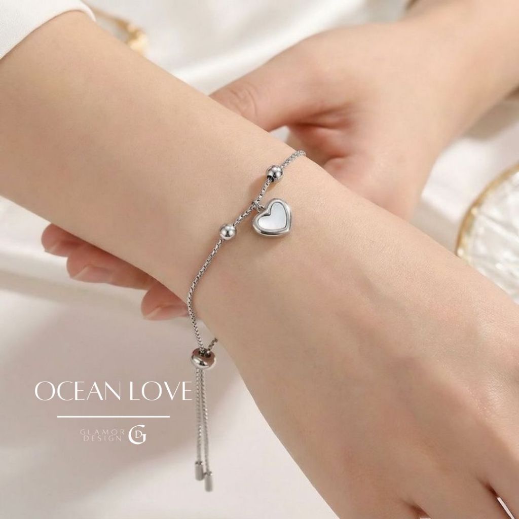GLAMOR✨กำไลข้อมือเงินแท้ Ocean Love กำไลข้อมือรูปหัวใจทำจากเปลือกหอยพร้อมเชือกผูก ข้อมือเงินแท้