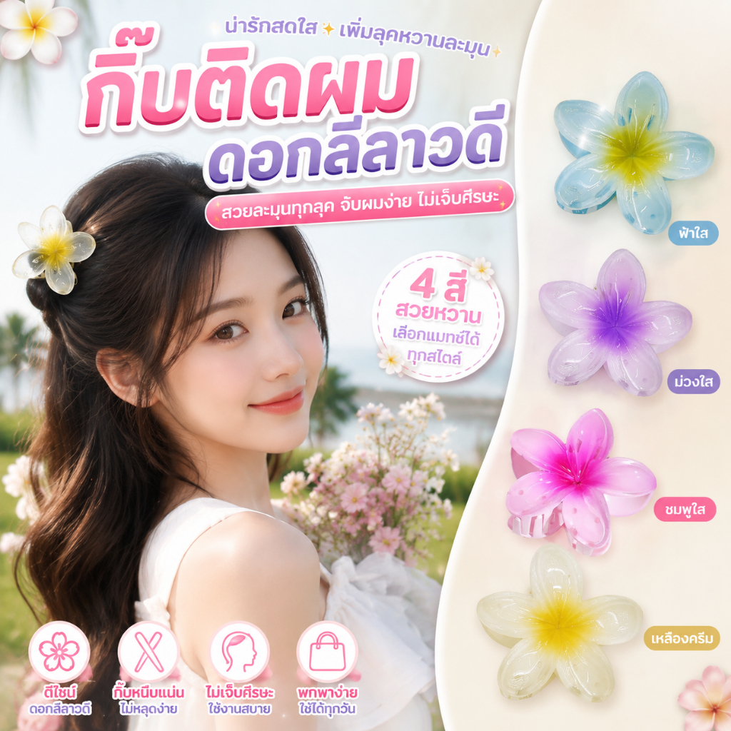 กิ๊บลีลาวดีรูปดอกไม้ ขนาด4.5ซม สีสันสดใส สไตล์เจ้าหญิง สําหรับผู้หญิง สไตล์ฮาวาย เหมาะแก่การถ่ายรูปในวันหยุด กิ๊บดอกไม้