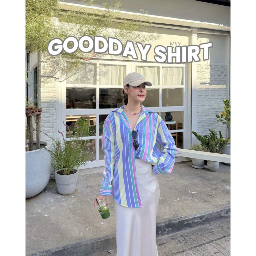 19JAN.STUDIO : GOODDAY SHIRT เสื้อเชิ้ตตัวยาว ลายทางแต่งสลับสี โทนสี Pastel