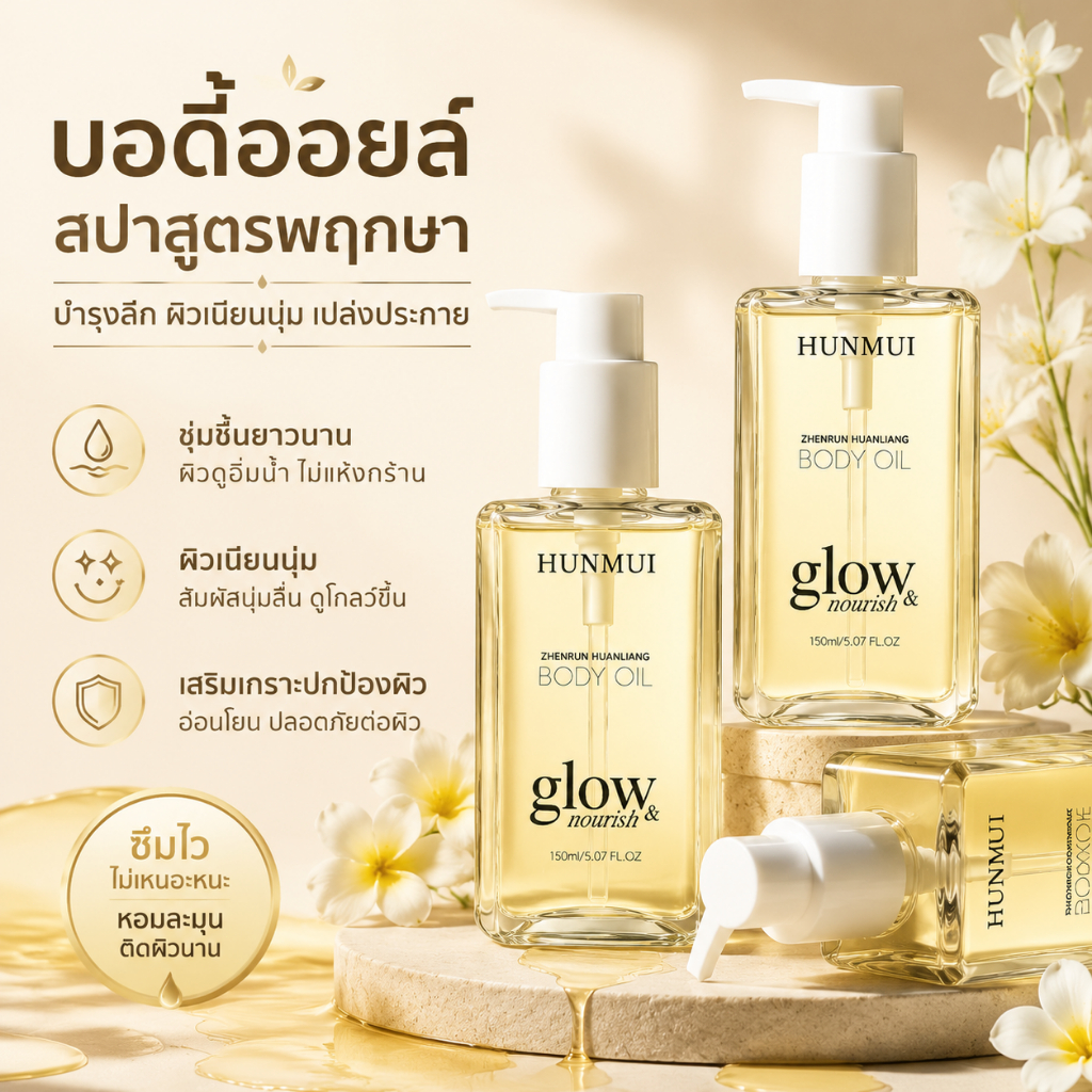 Premium Body Oil Glow พรีเมี่ยม บอดี้ ออยล์ ผิวฉ่ำ โกลว์ ไม่แห้ง ชุ่มชื้น ผิวใส นุ่มลื่น ขนาด 150ml