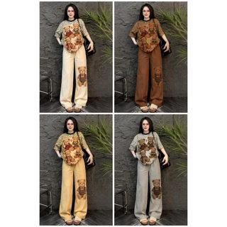 SGH0284 ชุดเซ็ตเสื้อยืดแขนสั้นลายหมี + กางเกงขายาวลายหมี สไตล์วินเทจ 2 ชิ้น