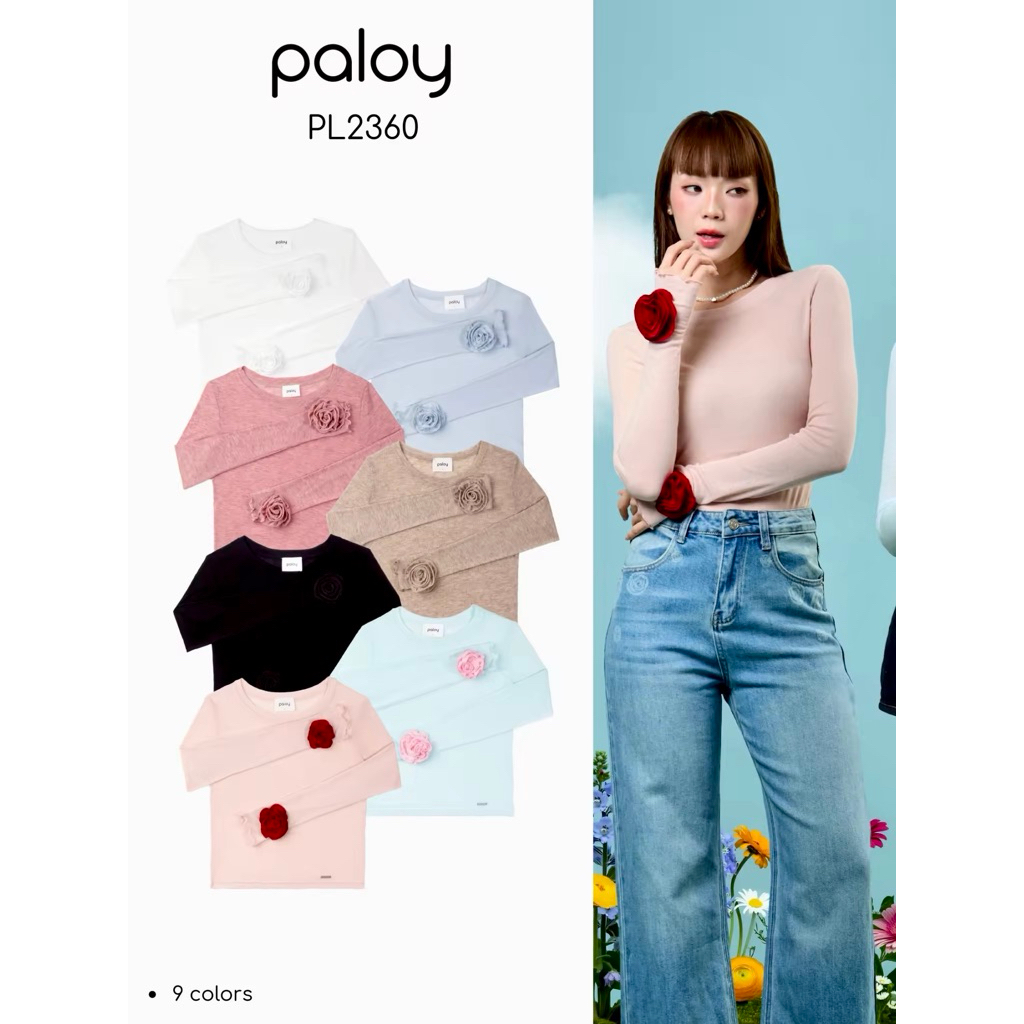 ของแท้ 💯 **พร้อมส่ง 🔥 Paloy - PL2360 Camellia Top เสื้อแขนยาว ทรงเข้ารูป ปลายแขนแต่งดอกคาเมลเลีย