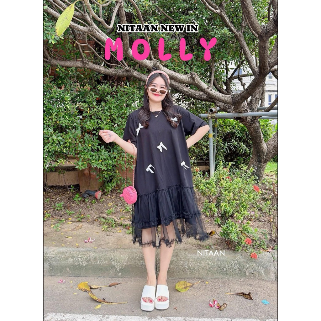 NITAAN 🎀MOLLY DRESS เดรสผ้ายืดหนาสวย ต่อชายมุ้งชั้นๆ แต่งโบว์ ทรงโอเว่อร์ไซสใส่ง่ายค่า