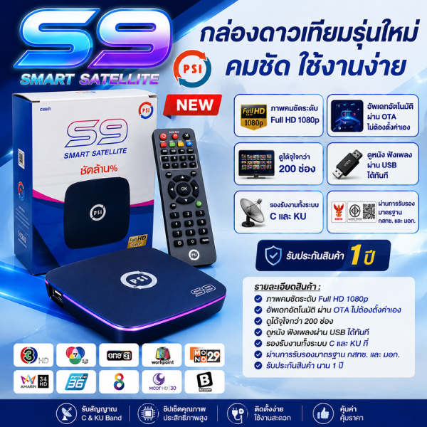 **PSIรุ่นใหม่ล่าสุดคมชัดกว่าเดิม**กล่องดาวเทียม PSIรุ่นS9 (รองรับจานทึบและจานตะแกรงคมชัดสะใจ)