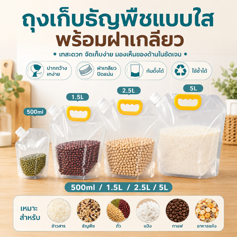 ถุงแกลลอน ฝาเกลียว ก้นตั้งได้ ถุงใส่น้ำ ขนาด1,1.5,2.5,5ลิตร ถุงเก็บเมล็ดธัญพืชใส ถุงน้ำพับได้มีหู้หิ้วใช้งานง่ายใช้ซ้ํา