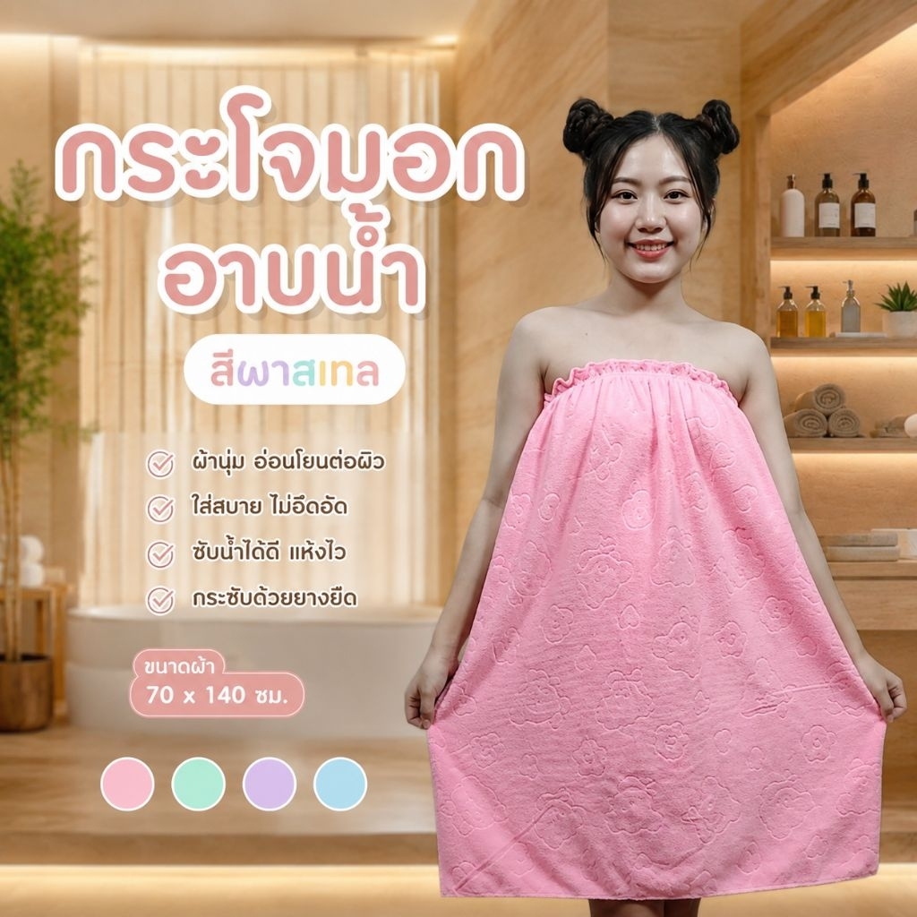 กระโจมอกอาบน้ำผ้านาโน ผ้าเช็ดตัวใส่ยางยืด ขนาดผ้า70*140เซ็น (ฟรีไซส์อก24-38")รุ่นนี้ผ้าไม่หนา เบา แห้งง่าย