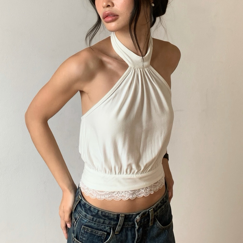 BEMYCHIC เสื้อคอเต่าสายผูกคอ แต่งขอบลูกไม้ช่วงเอว รุ่น Madeline Top