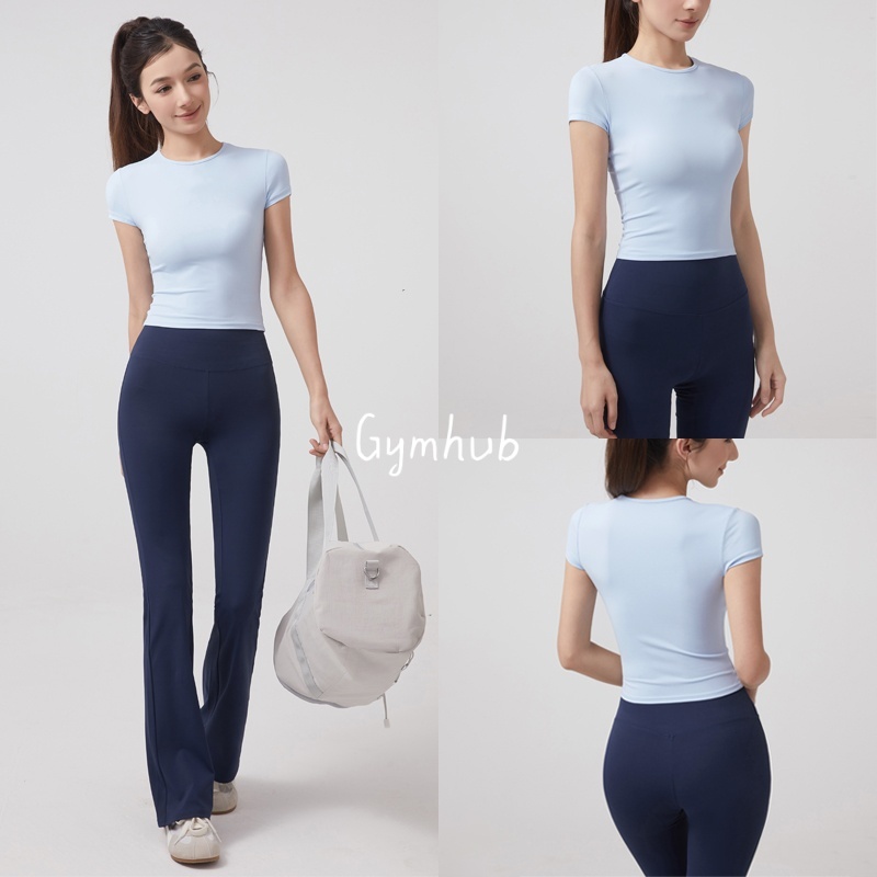 GYMHUBเสื้อยืดออกกำลังกายผู้หญิง คอกลม สั้นโชว์หน้าท้อง ผ้านุ่มยืดหยุ่นสูง สำหรับโยคะ ฟิตเนส