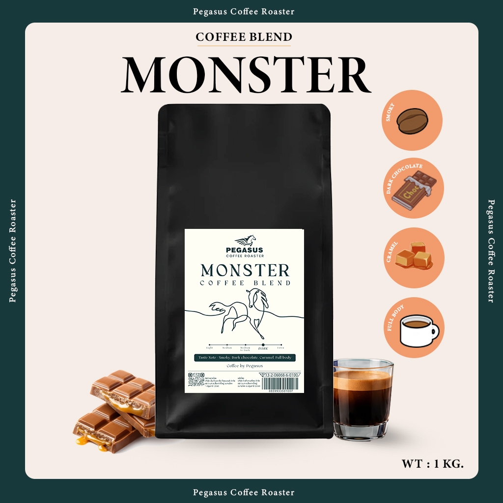 Pegasus Monster Coffee Blend เมล็ดกาแฟคั่วเข้มผสมกลาง ขนาด 1 กิโลกรัม