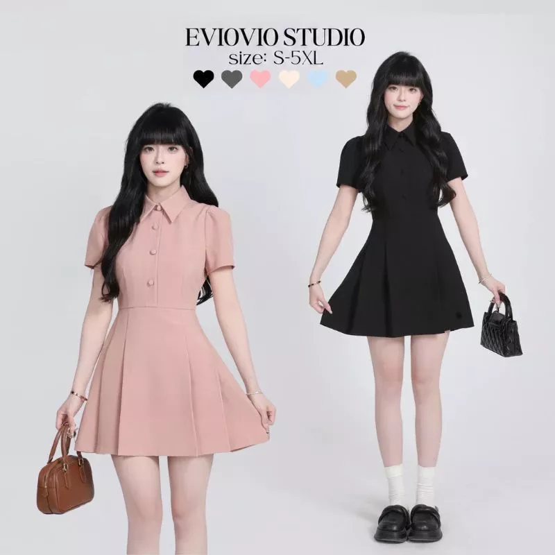 เติมสต๊อกแล้ว🍥【EVIOVIO】 S-5XL เดรสสั้น คอปกเชิ้ต แขนสั้นพัฟ กระดุมหน้า กระโปรงทรงเอ สไตล์หวานสุภาพ เกาหลี