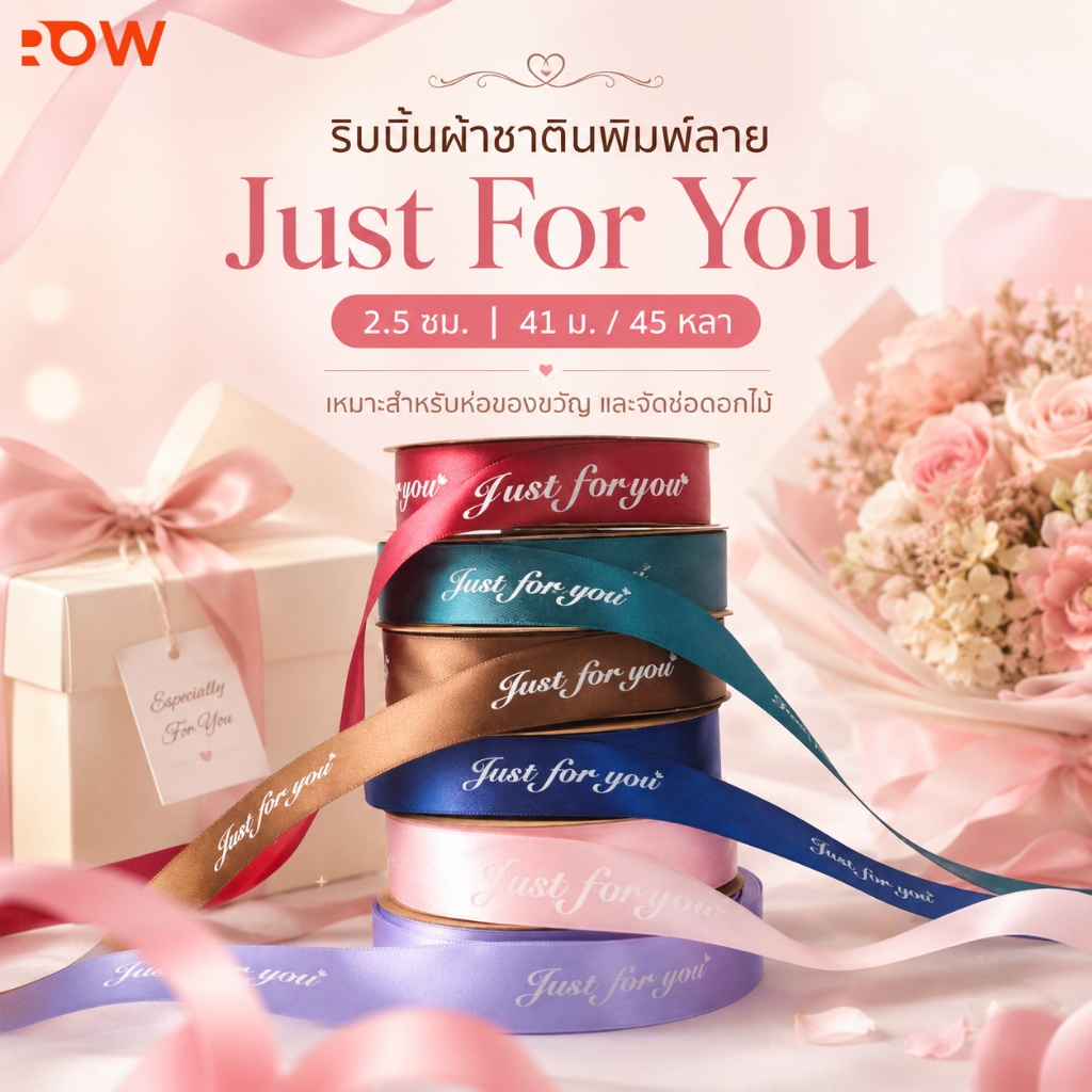 ริบบิ้นผ้าซาตินลาย Just For You 45 หลา เนื้อเงาสวย สำหรับตกแต่งเค้ก ของขวัญ และช่อดอกไม้