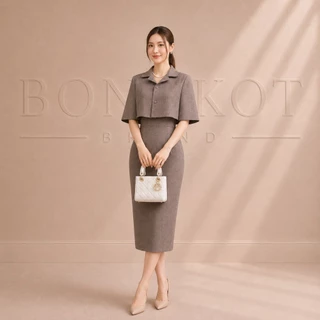 DS67 เดรสออกงาน ชุดทำงาน2ชิ้นคลุมบ่าไหล่ ยาว42นิ้ว