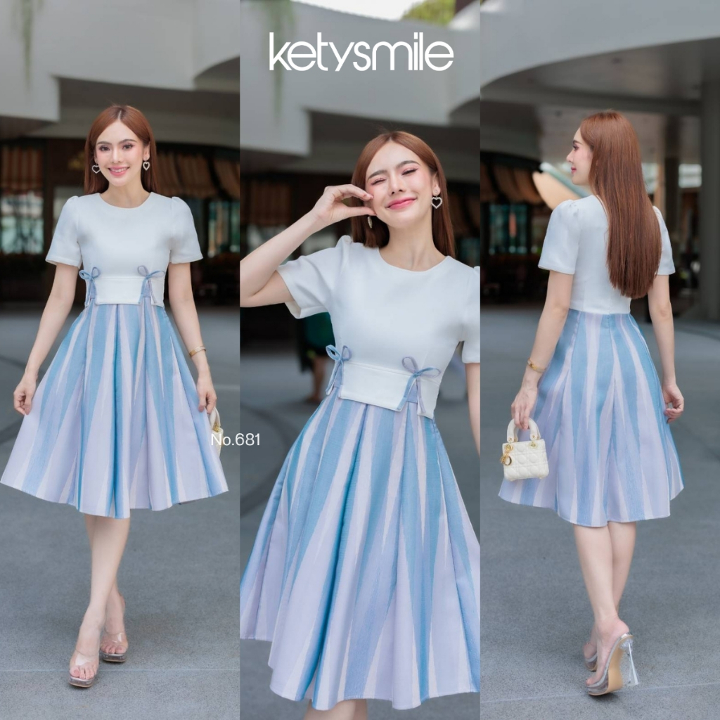 KS681 ชุดเดรสผ้าทอลาย คอกลม แต่งโบว์สองข้างที่เอว ผูกเองได้จ้า กระโปรงบาน 8 ชิ้น สีพาสเทล น่ารักมากก (S-5XL)
