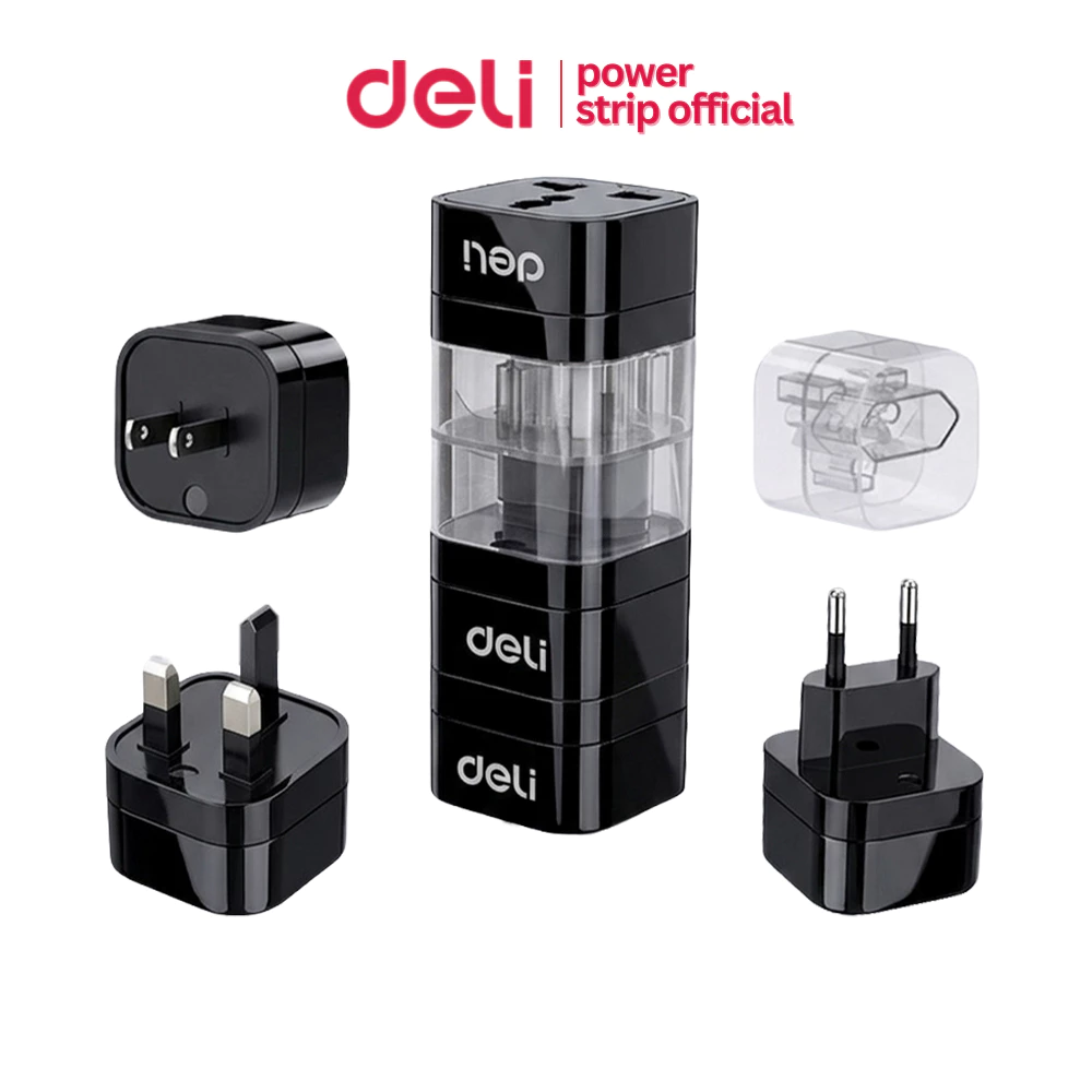 Deli เซ็ตปลั๊กแปลง 3อัน อแดปเตอร์แปลงสากล พร้อมแท่นเก็บ EU US UK กำลังไฟ 10A 2500W Universal Adapter
