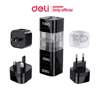 Deli เซ็ตปลั๊กแปลง 3อัน อแดปเตอร์แปลงสากล พร้อมแท่นเก็บ EU US UK กำลังไฟ 10A 2500W Universal Adapter
