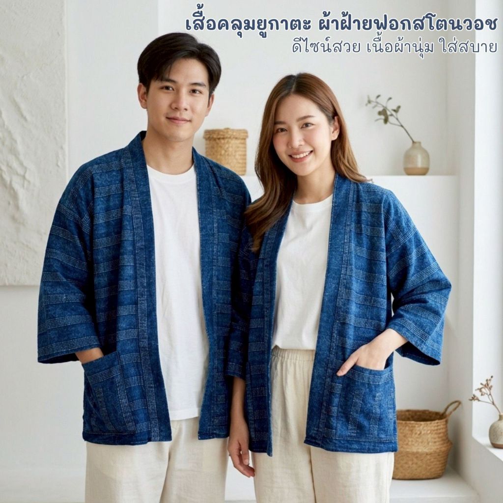 เสื้อคลุมยูกาตะ ผ้าฝ้ายย้อมครามฟอกสโตนวอช