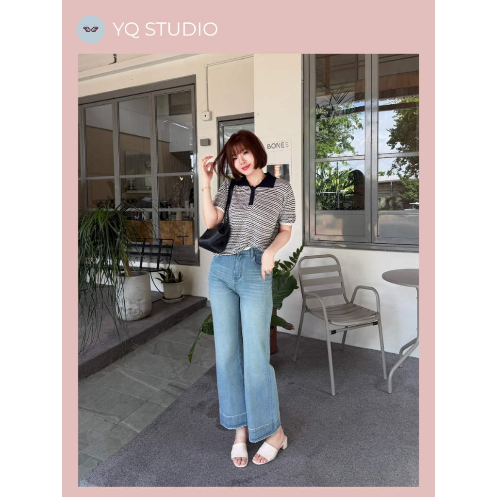 A720 YQ Korean Shop กก.ยีนส์ขากระบอกกลางปลายขาponyแต่งดีเทลตัดขอบปลายขาไม่เย็บ  ยืด360 กระชับระดับเทพ ป้ายYQ