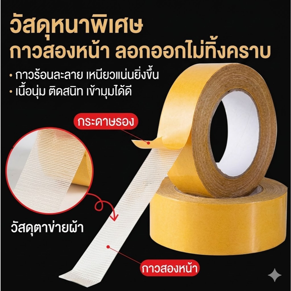 เทปกาวสองหน้าตาข่ายใส เทปกาวตาข่ายสองหน้า แรงยึดเกาะสูง ติดพรม ติดผนัง ติดพื้น กันลื่น ลอกออกง่าย
